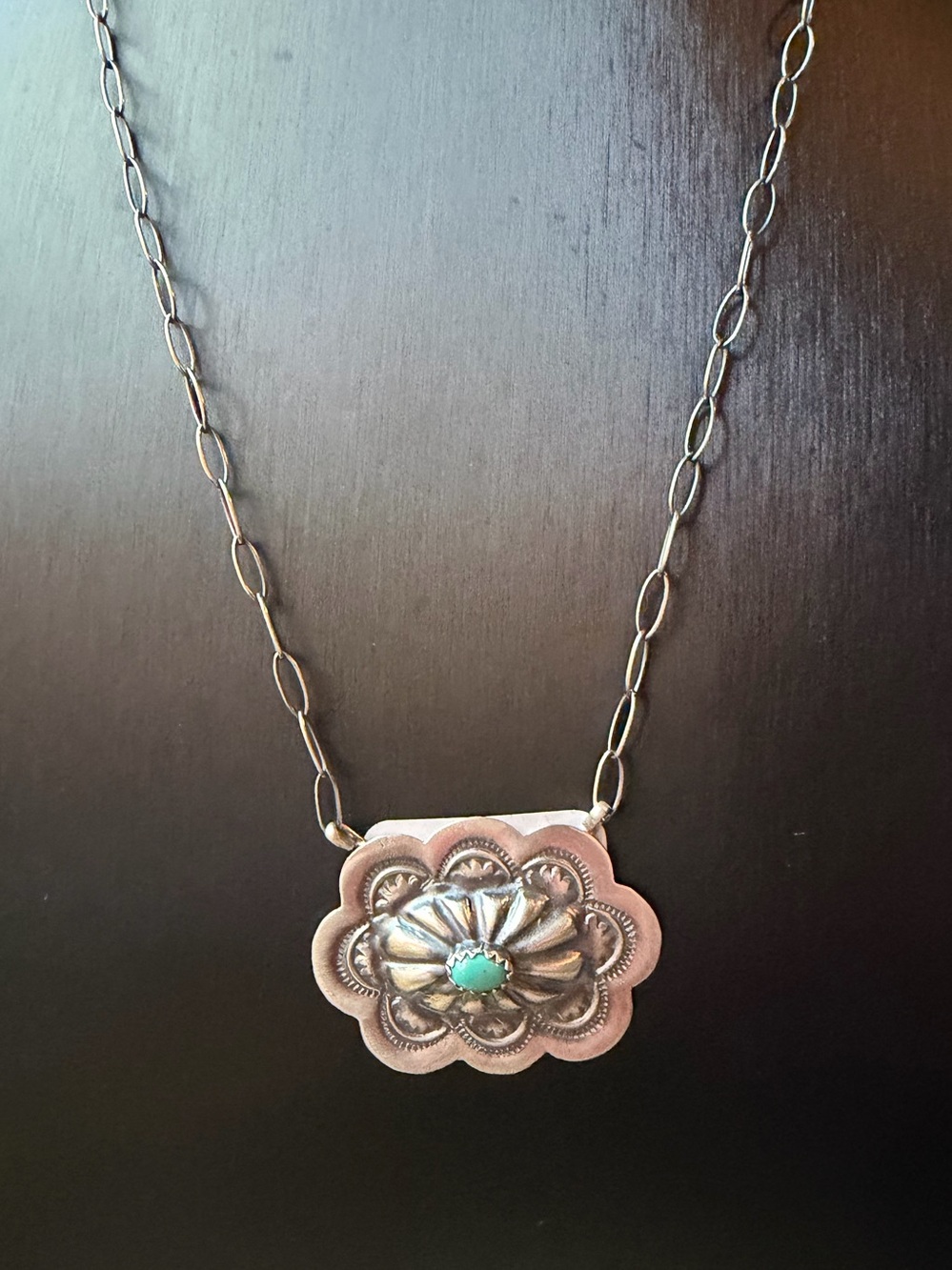 Sterling Silver Flower Concho Necklace with Kingman Turquoise Accent